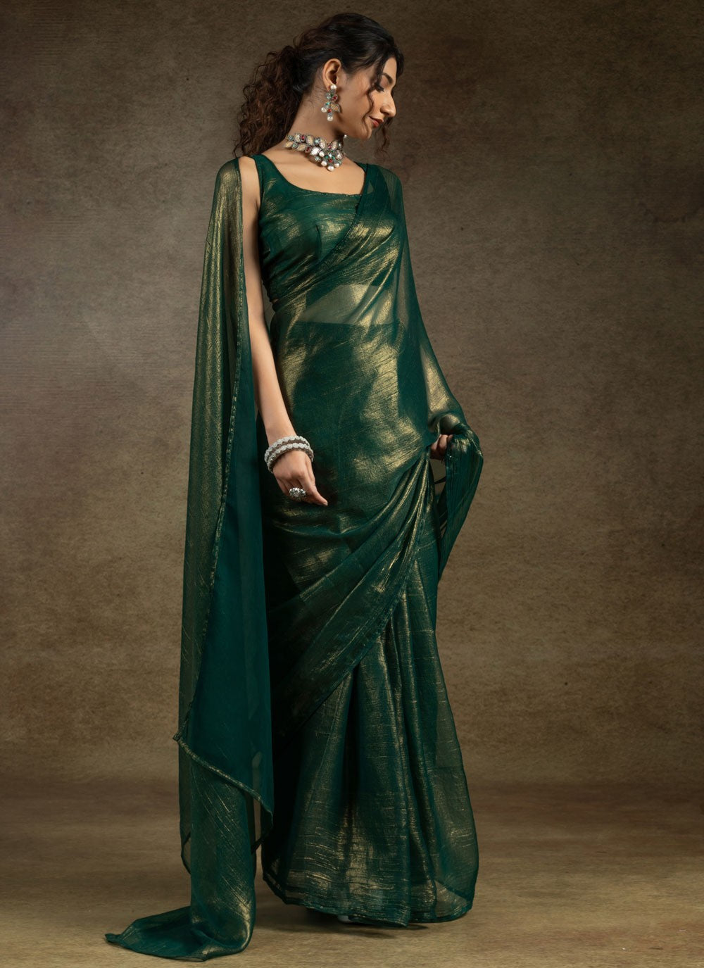 Plain Chiffon Satin Teal Classic Saree S15435