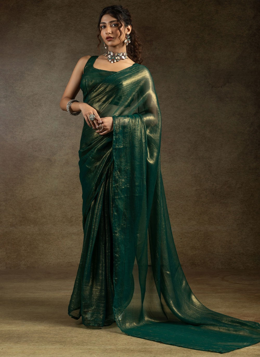 Plain Chiffon Satin Teal Classic Saree S15435