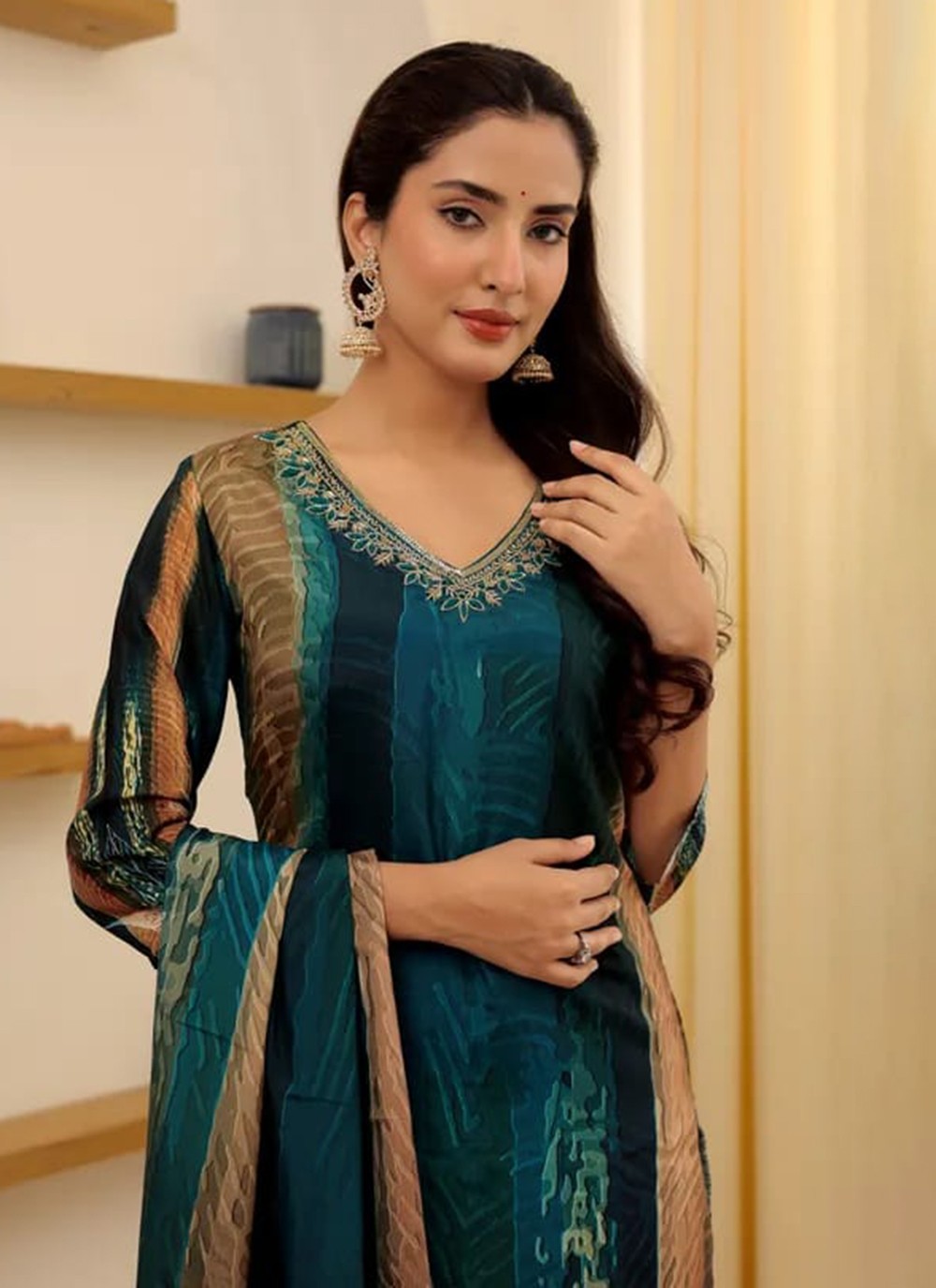 Pant Style Suit Embroidered Teal Rayon T5074