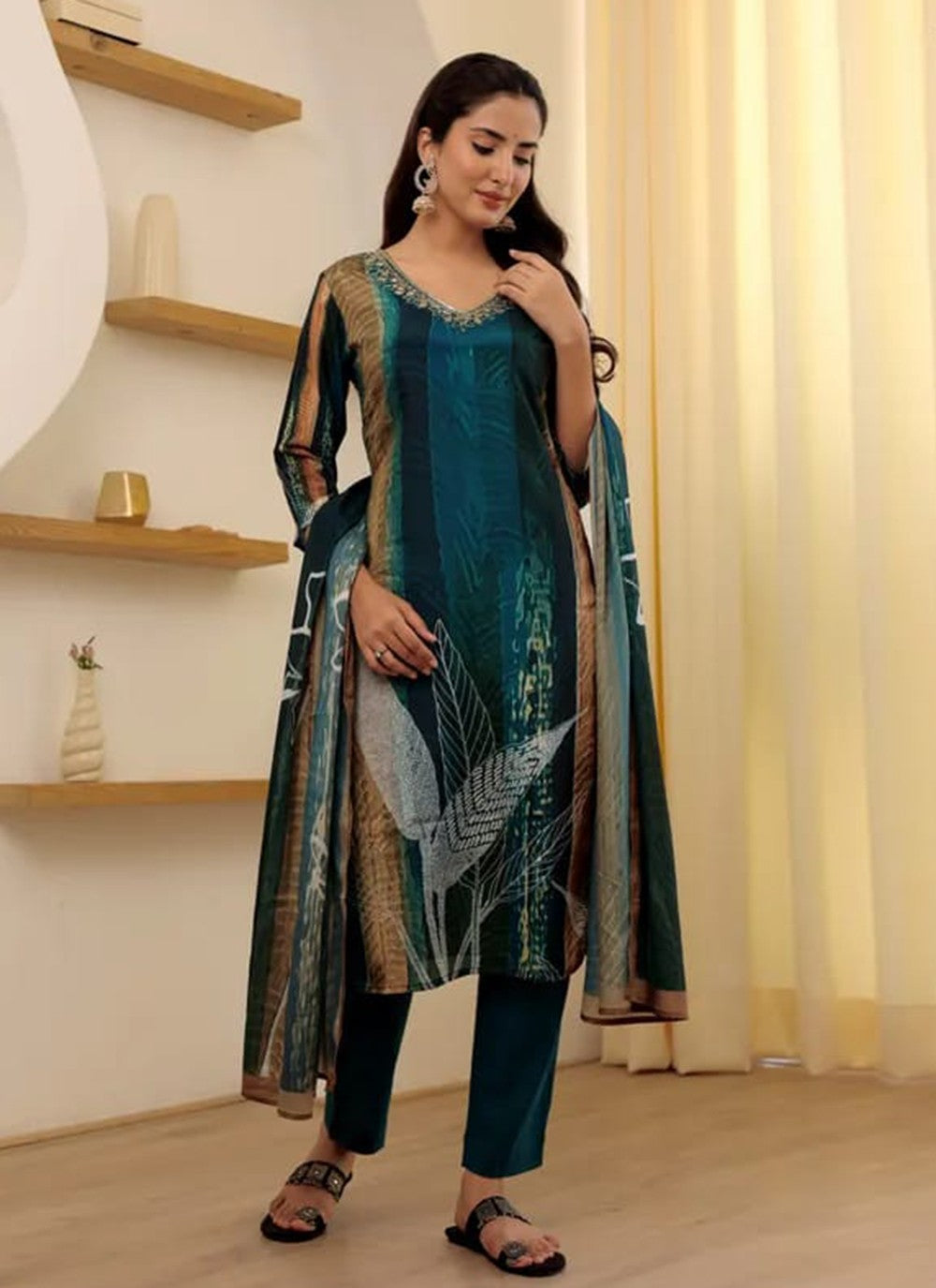 Pant Style Suit Embroidered Teal Rayon T5074