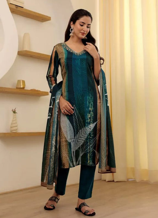 Pant Style Suit Embroidered Teal Rayon T5074