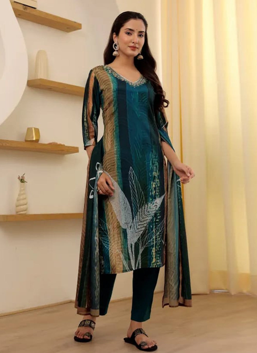 Pant Style Suit Embroidered Teal Rayon T5074