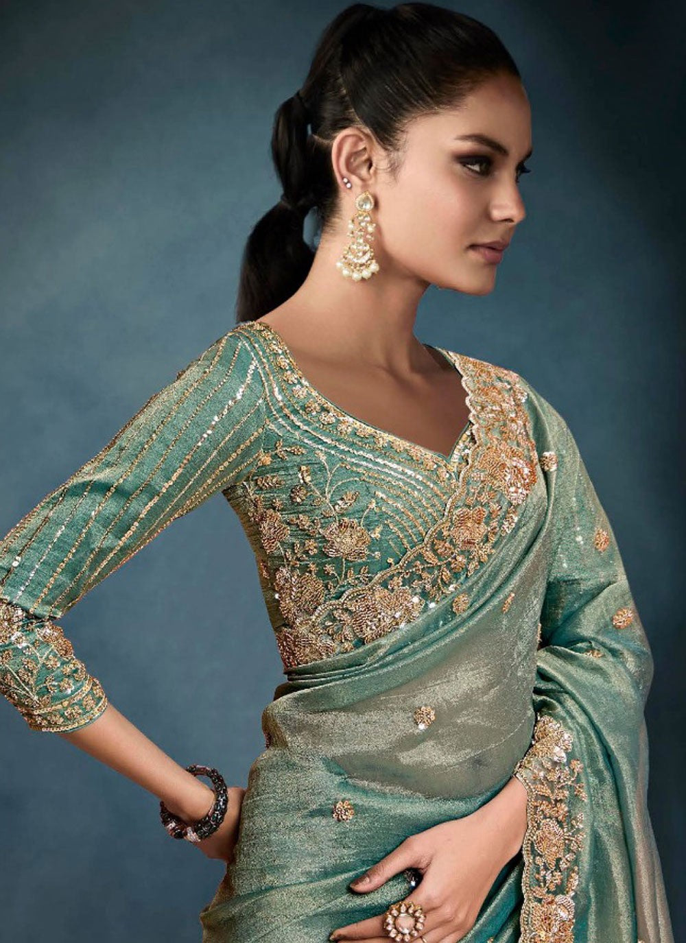 Cut Work Tissue Teal Designer Saree S14868