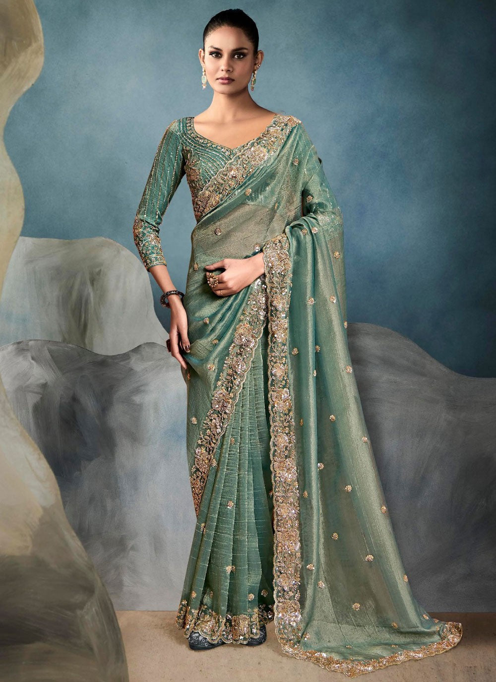 Cut Work Tissue Teal Designer Saree S14868