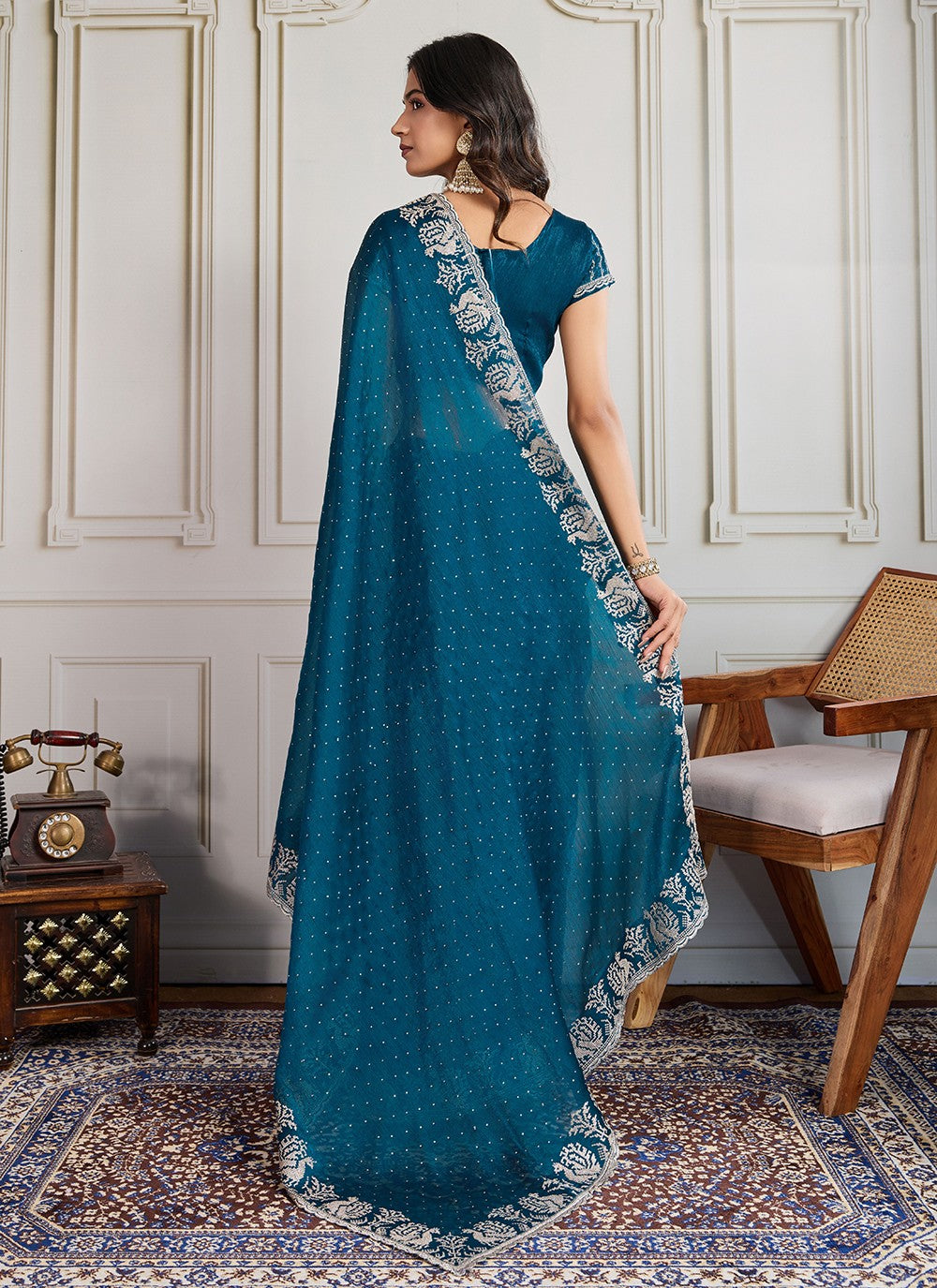 Teal Silk Contemporary Saree Embroidered, Swarovski S19437