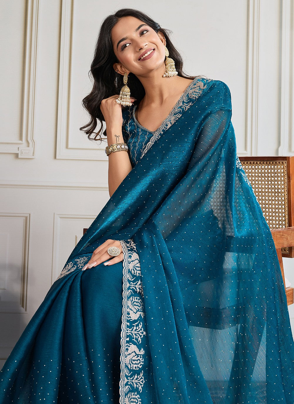 Teal Silk Contemporary Saree Embroidered, Swarovski S19437