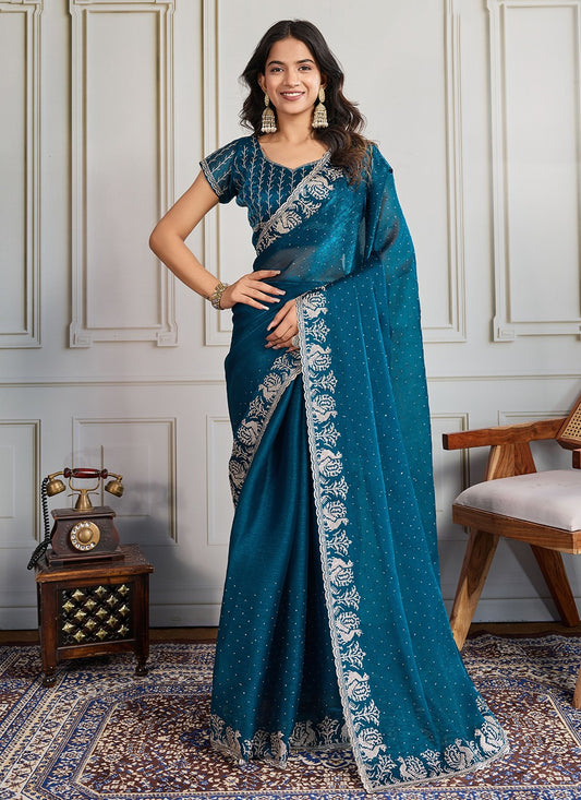 Teal Silk Contemporary Saree Embroidered, Swarovski S19437