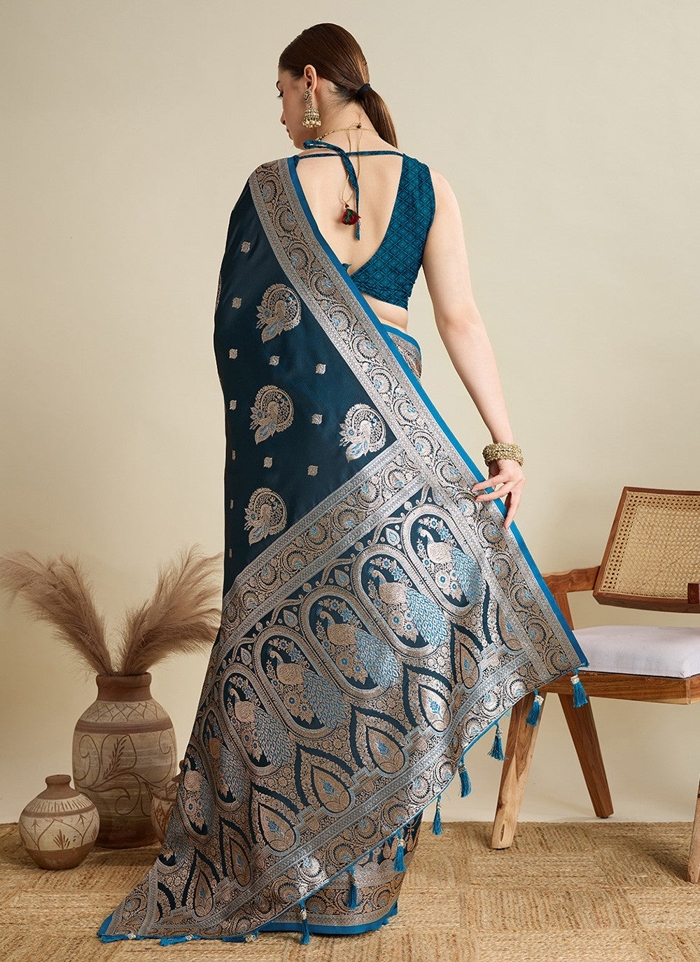 Teal Satin Silk Contemporary Saree Woven S16817