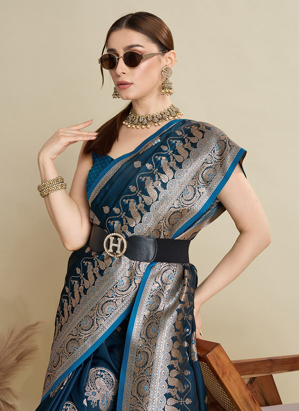 Teal Satin Silk Contemporary Saree Woven S16817