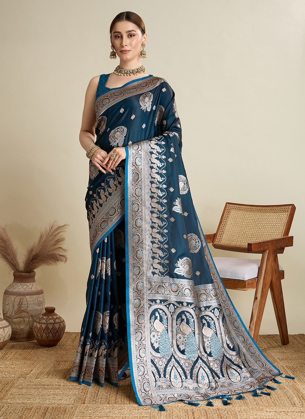 Teal Satin Silk Contemporary Saree Woven S16817