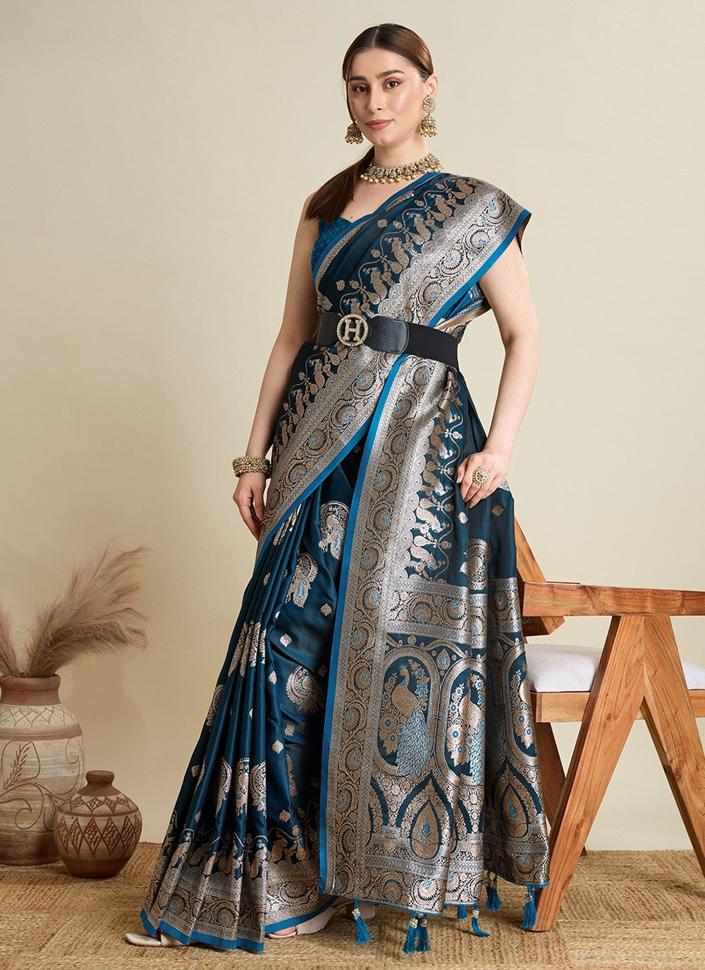 Teal Satin Silk Contemporary Saree Woven S16817