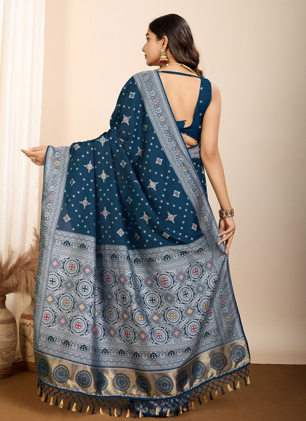 Contemporary Meenakari Teal Silk Saree S13585