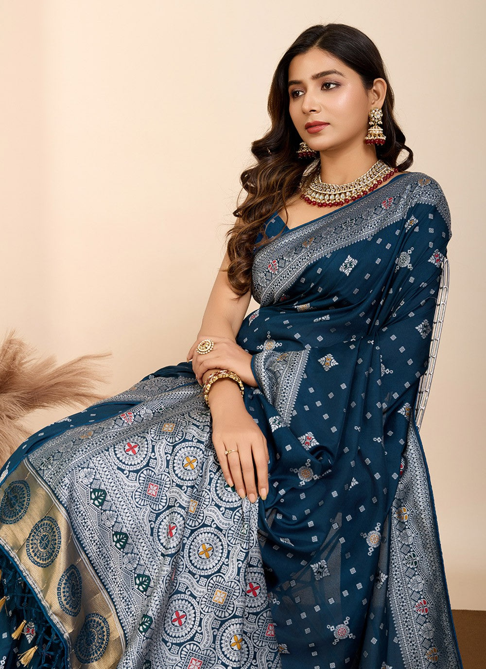Contemporary Meenakari Teal Silk Saree S13585