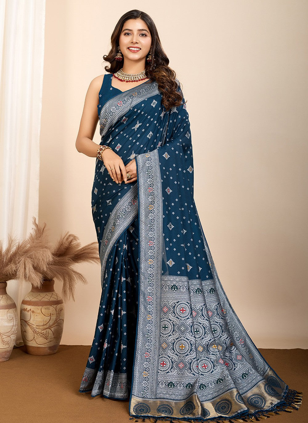 Contemporary Meenakari Teal Silk Saree S13585
