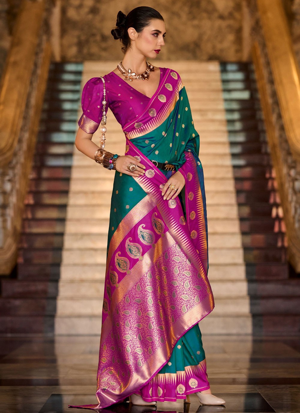 Weaving Zari Silk Teal Traditional Saree S14854
