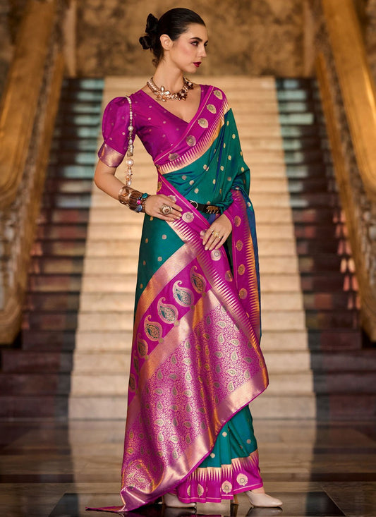 Weaving Zari Silk Teal Traditional Saree S14854