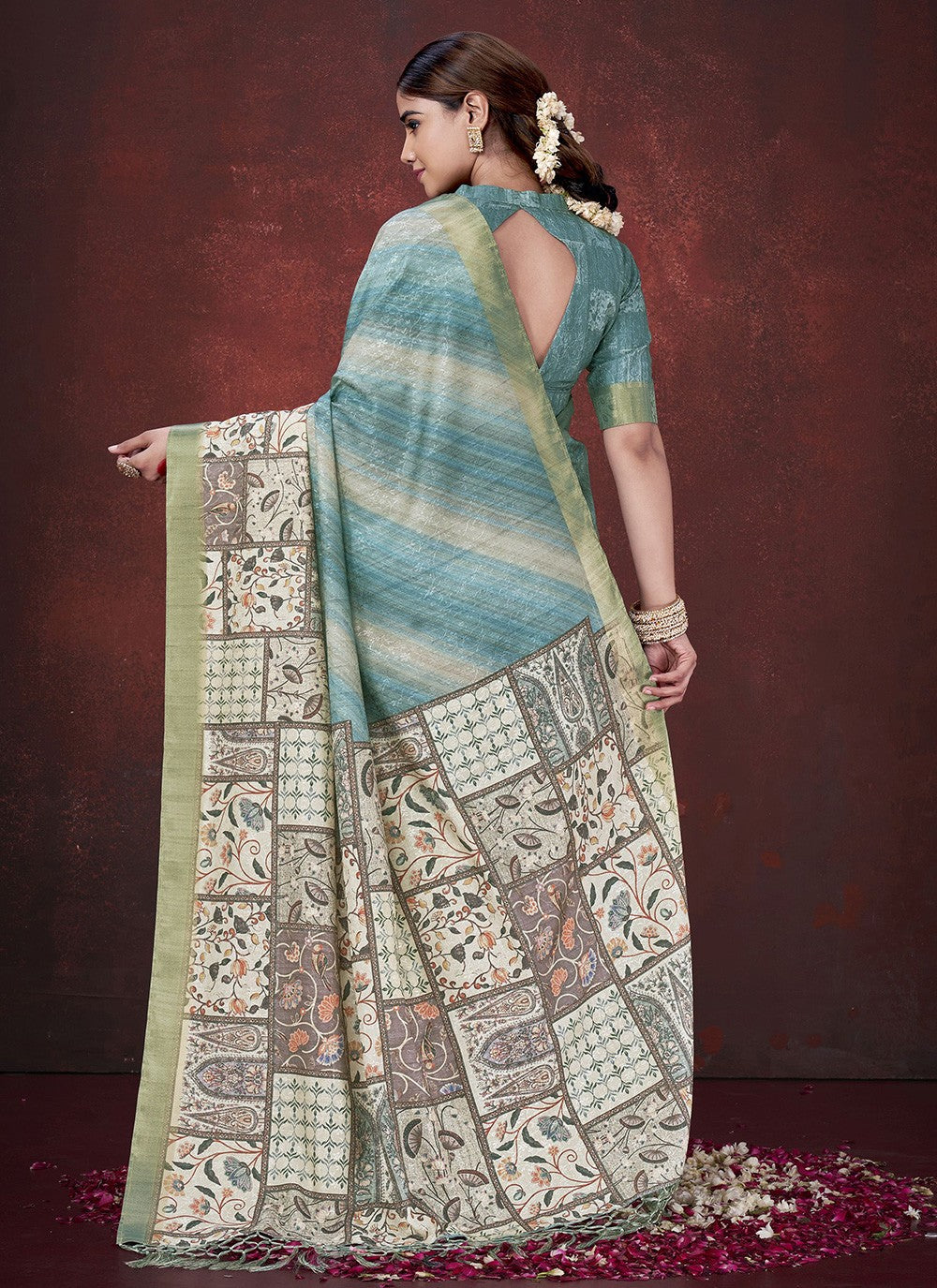 Teal Silk Trendy Saree Foliage Prints S19629