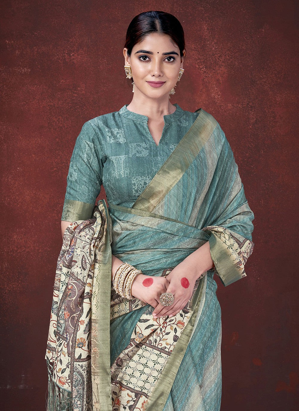 Teal Silk Trendy Saree Foliage Prints S19629