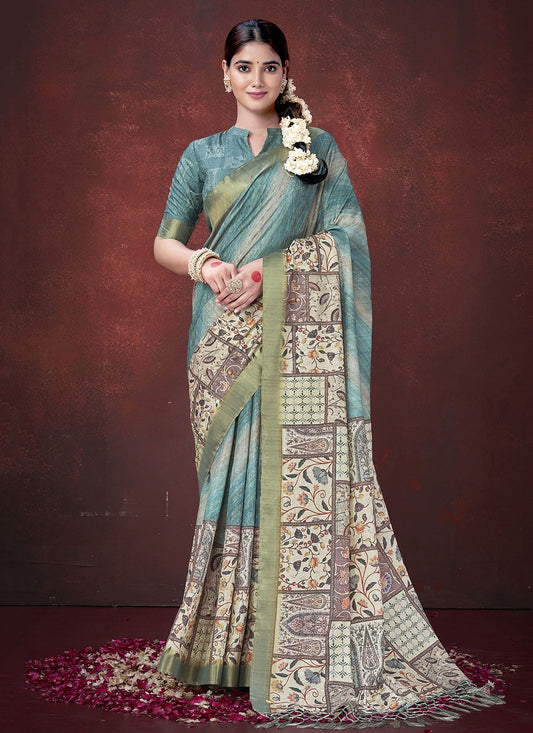 Teal Silk Trendy Saree Foliage Prints S19629