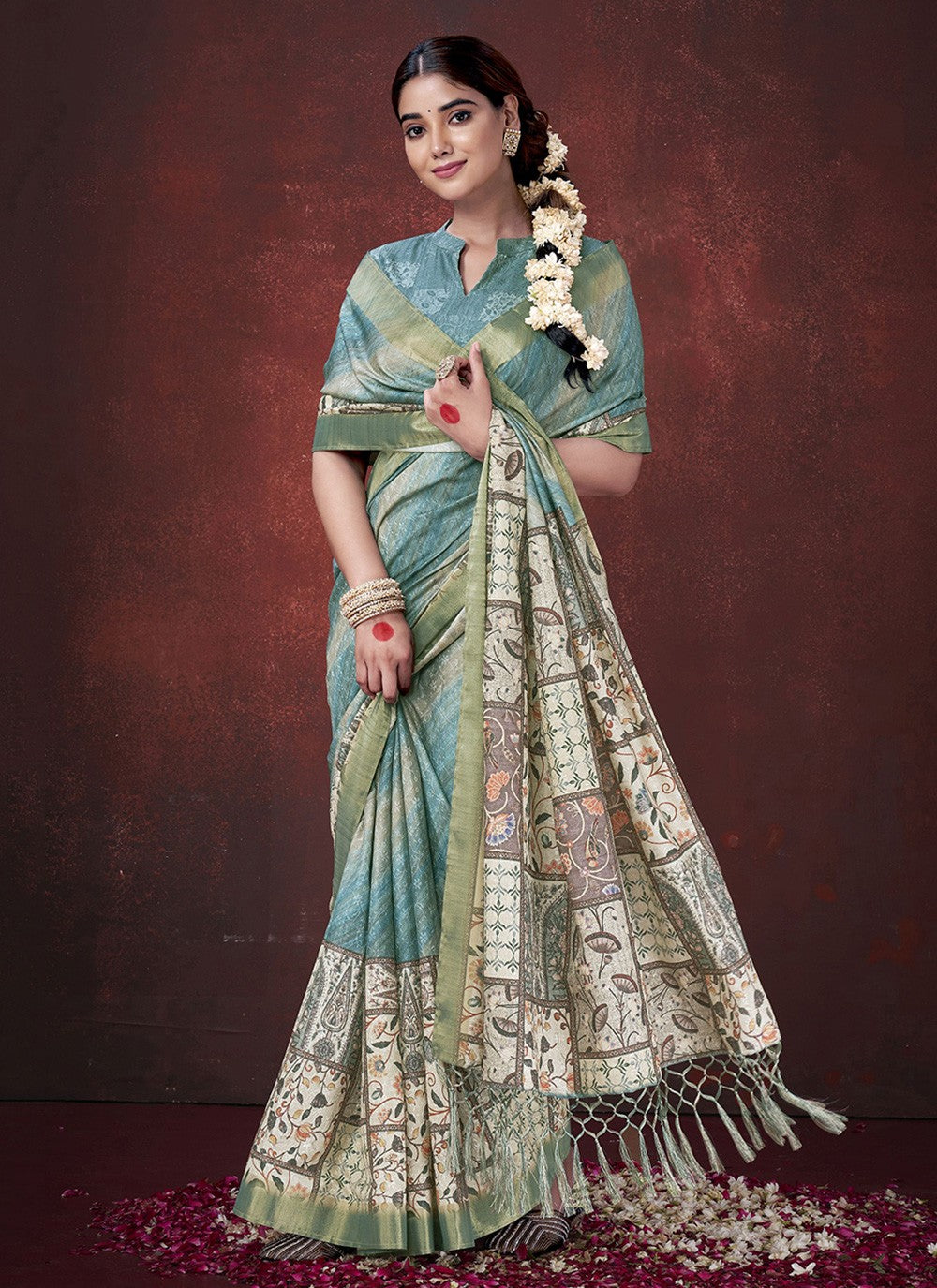 Teal Silk Trendy Saree Foliage Prints S19629