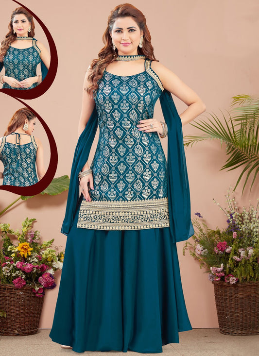 Palazzo Suit Weaving Zari Teal Silk T5258