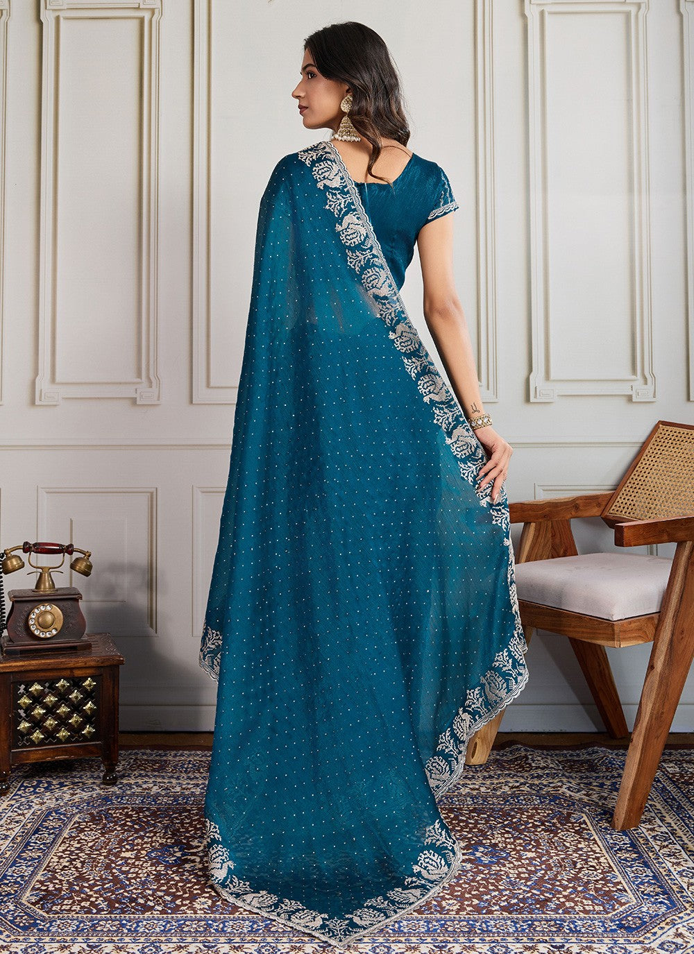 Teal Georgette Trendy Saree Embroidered, Swarovski S19302