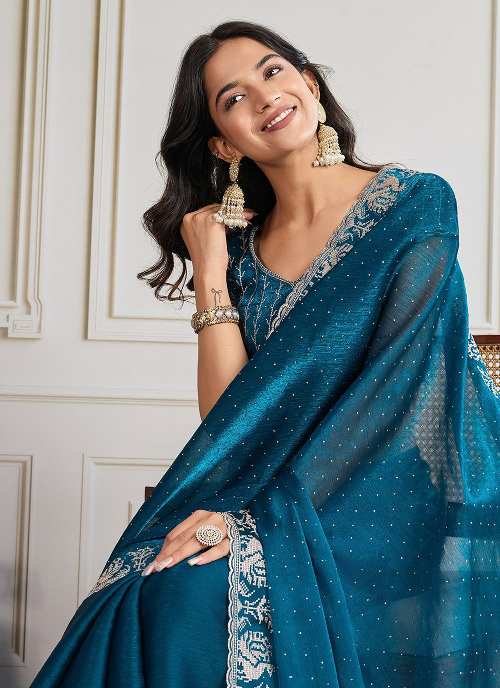 Teal Georgette Trendy Saree Embroidered, Swarovski S19302