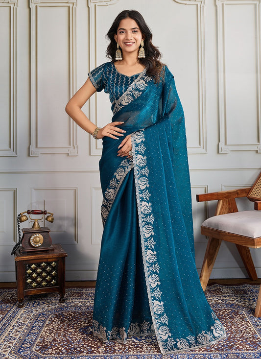 Teal Georgette Trendy Saree Embroidered, Swarovski S19302