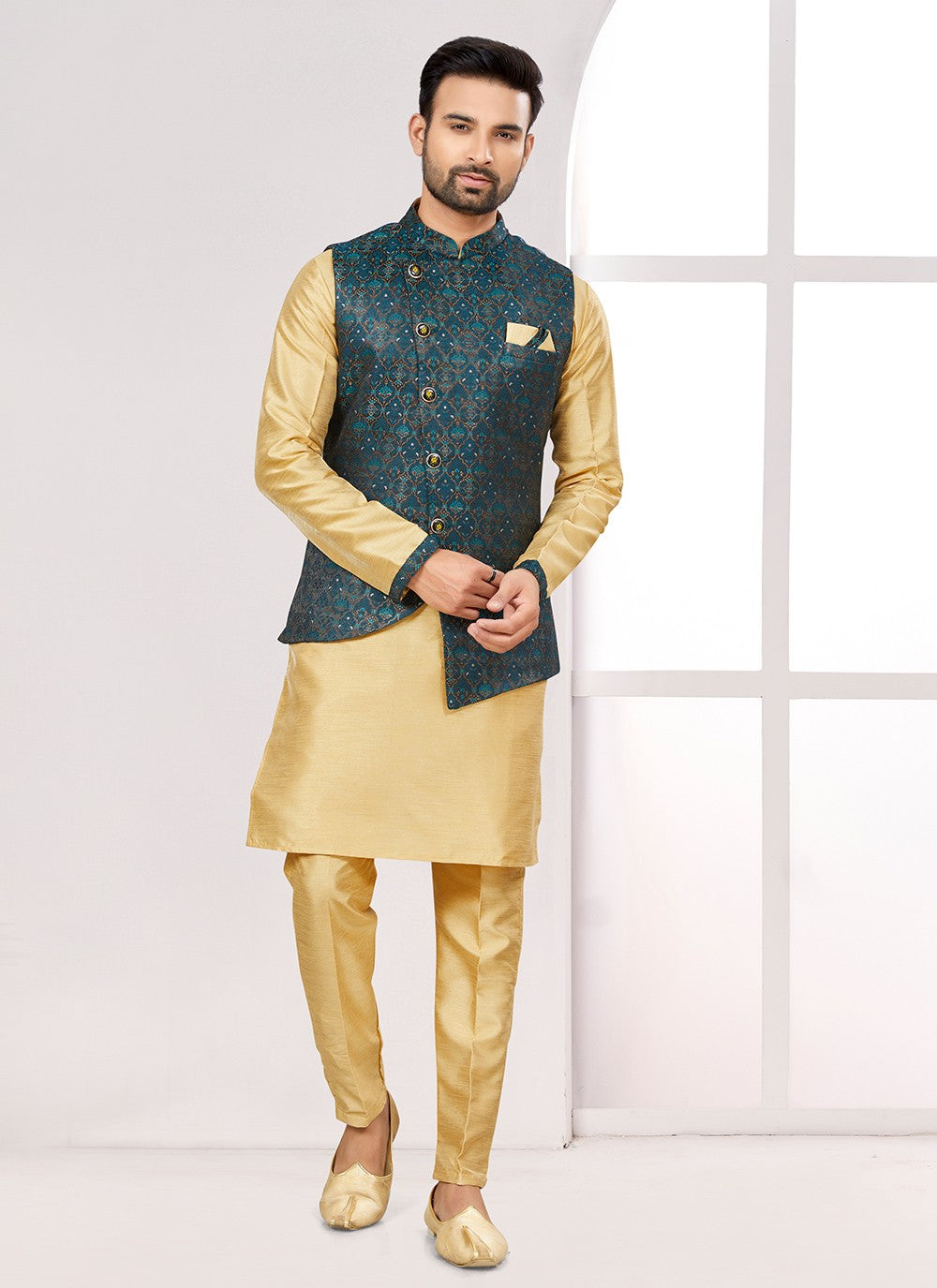 Thread Jacquard Teal Kurta Payjama With Jacket - M6714