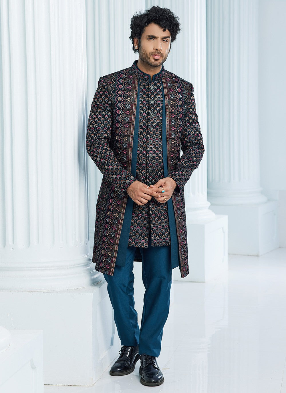 Machine Embroidery Velvet Teal Indo Western Sherwani - M6108