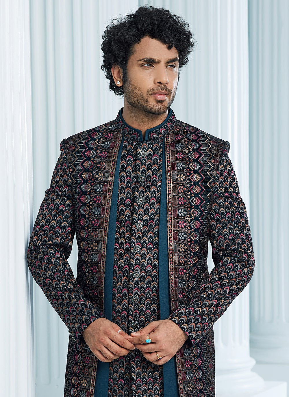 Machine Embroidery Velvet Teal Indo Western Sherwani - M6108