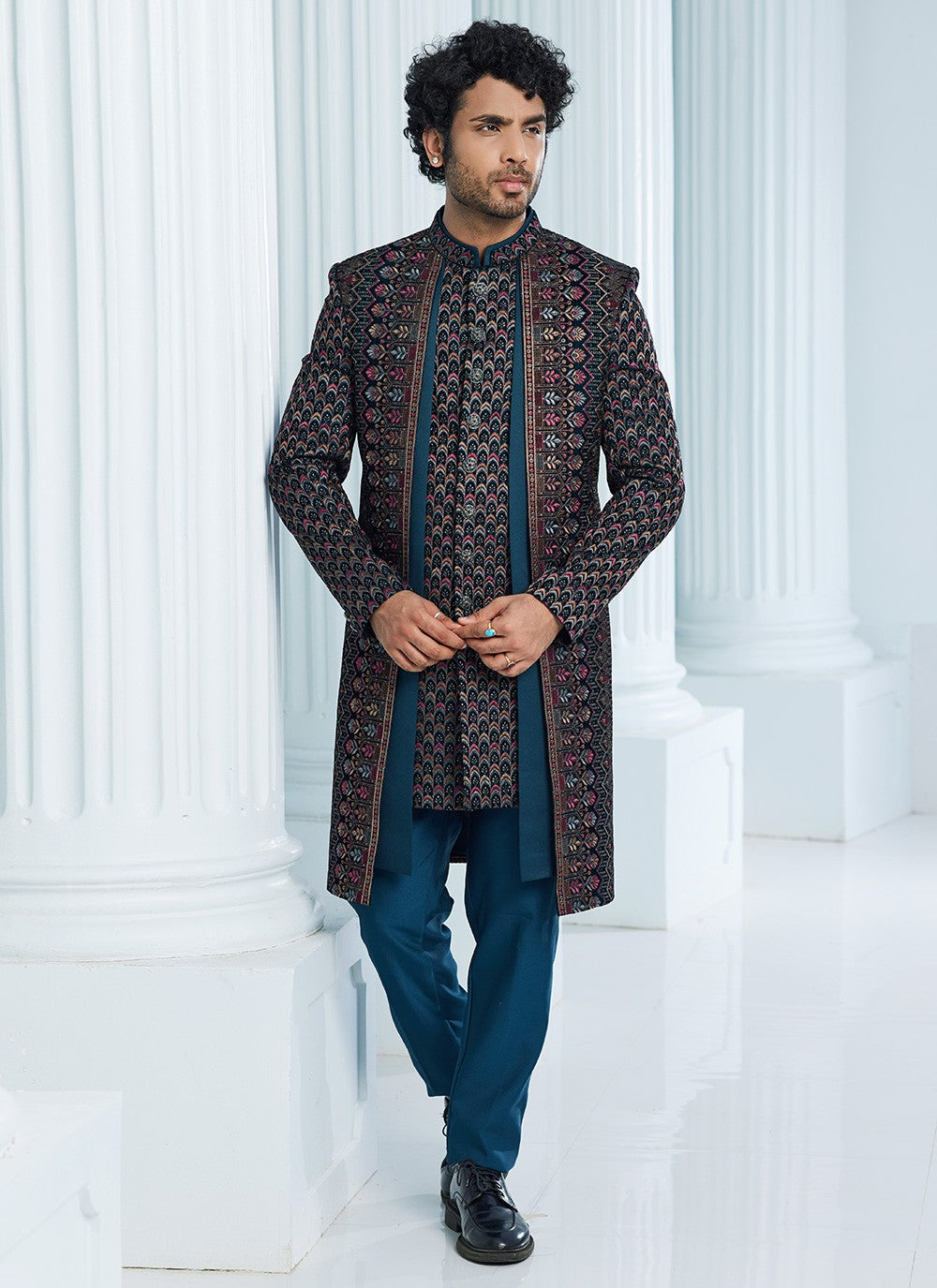 Machine Embroidery Velvet Teal Indo Western Sherwani - M6108