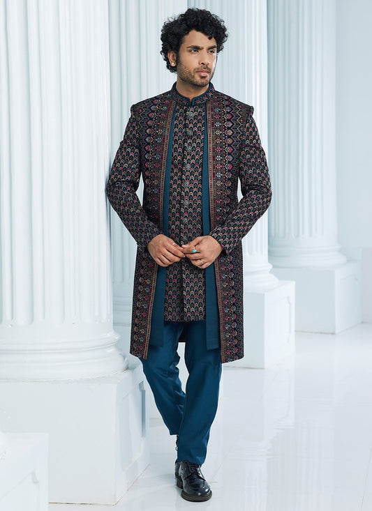 Machine Embroidery Velvet Teal Indo Western Sherwani - M6108