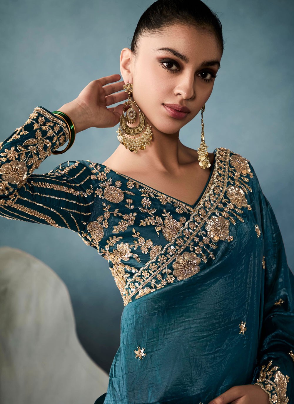 Teal Tissue Contemporary Saree Embroidered, Sequins, Zari S19849