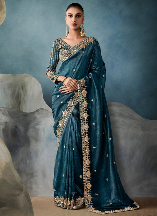 Teal Tissue Contemporary Saree Embroidered, Sequins, Zari S19849