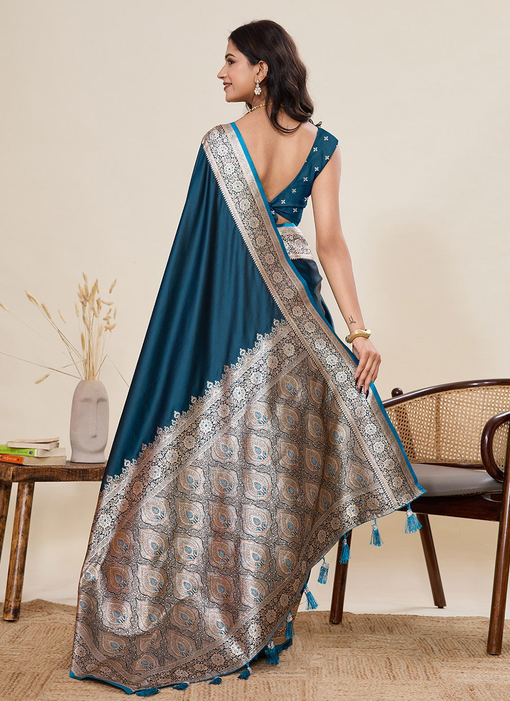 Teal Satin Silk Trendy Saree Woven, Zari S19512