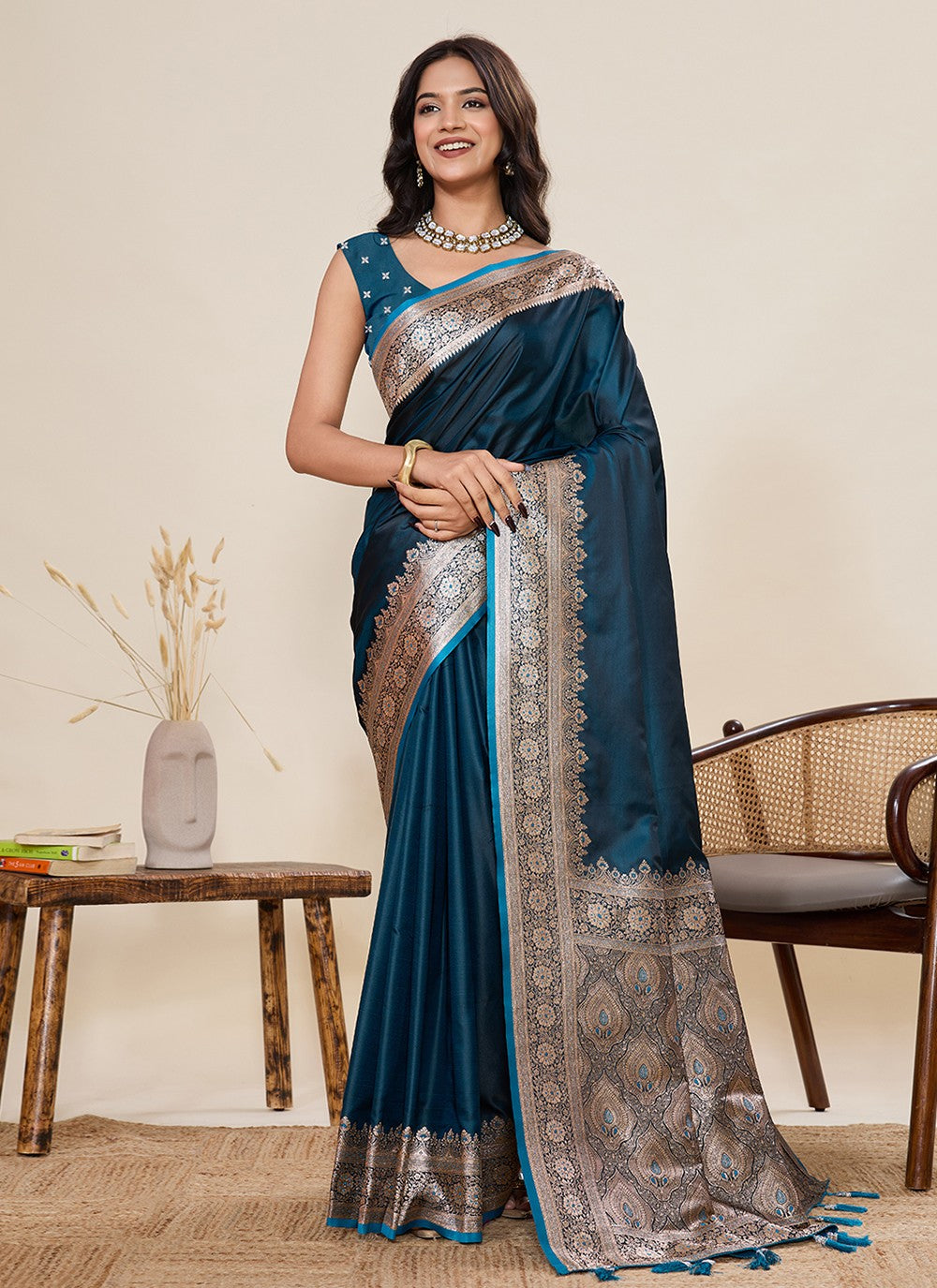 Teal Satin Silk Trendy Saree Woven, Zari S19512
