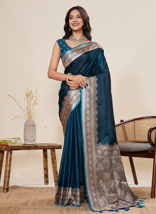 Teal Satin Silk Trendy Saree Woven, Zari S19512