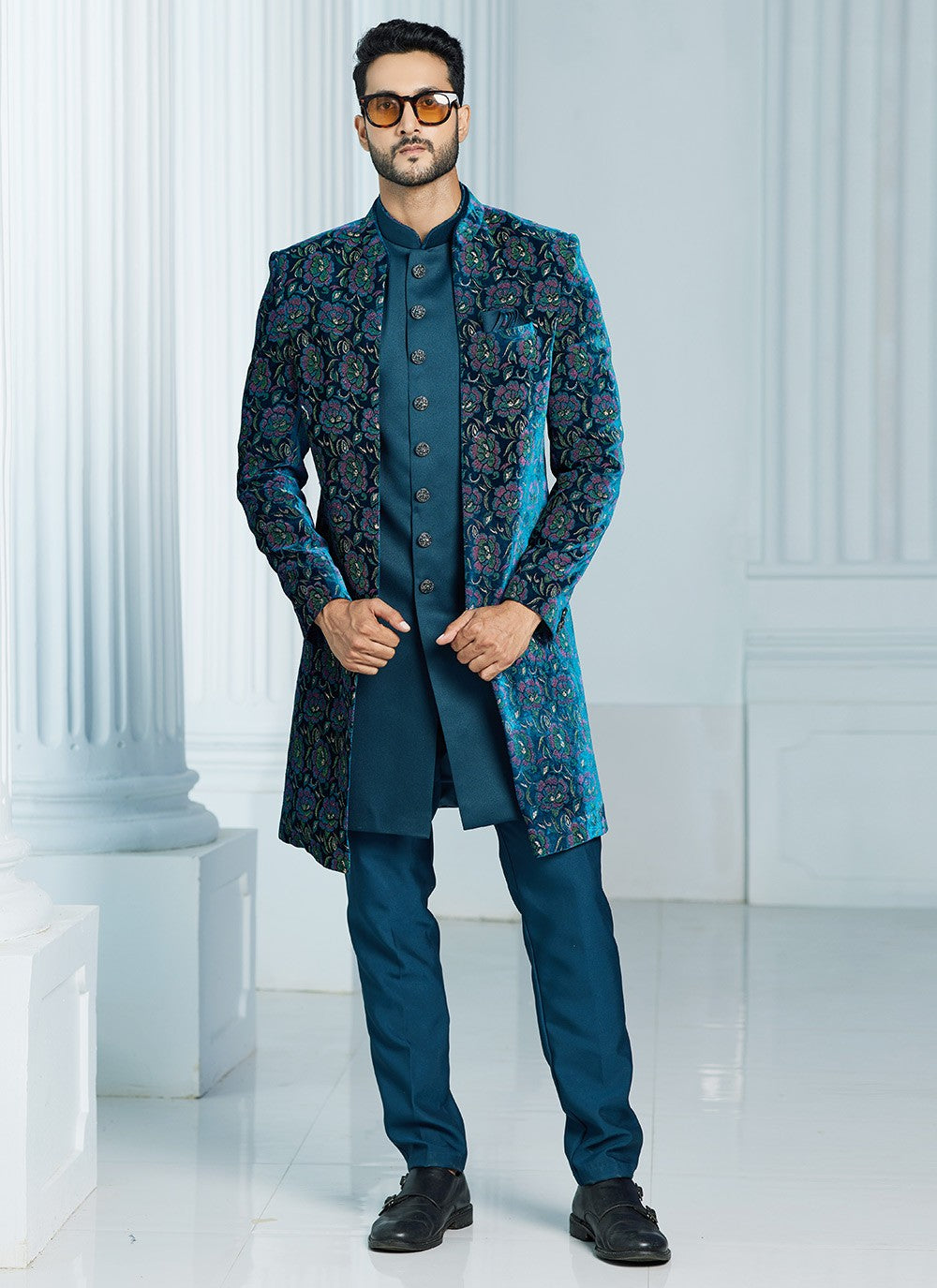Fancy Work Velvet Teal Indo Western Sherwani - M6110
