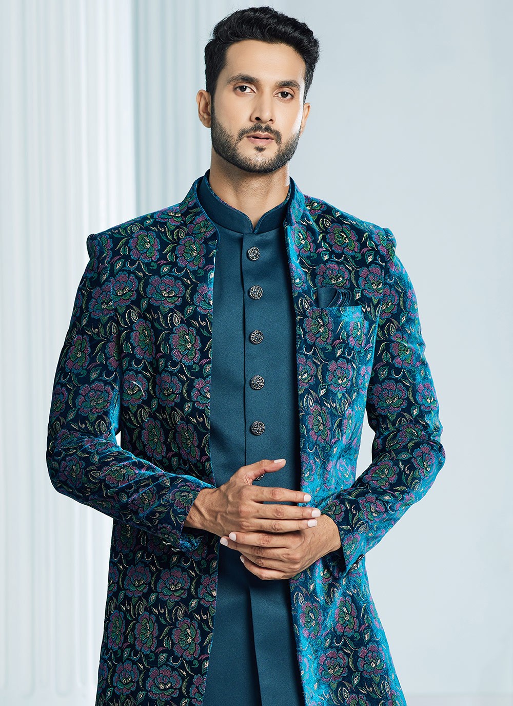 Fancy Work Velvet Teal Indo Western Sherwani - M6110