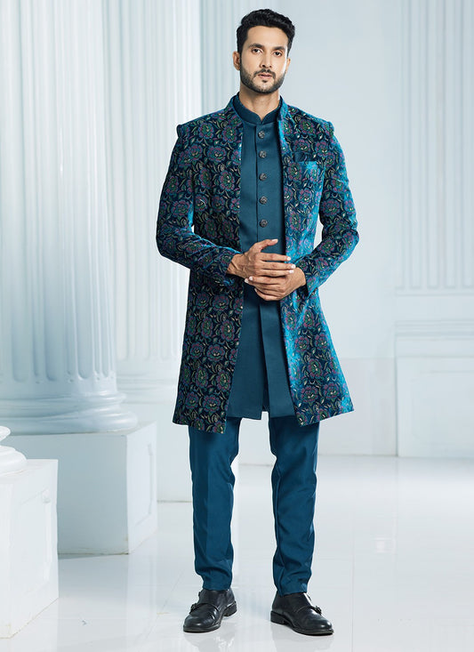 Fancy Work Velvet Teal Indo Western Sherwani - M6110