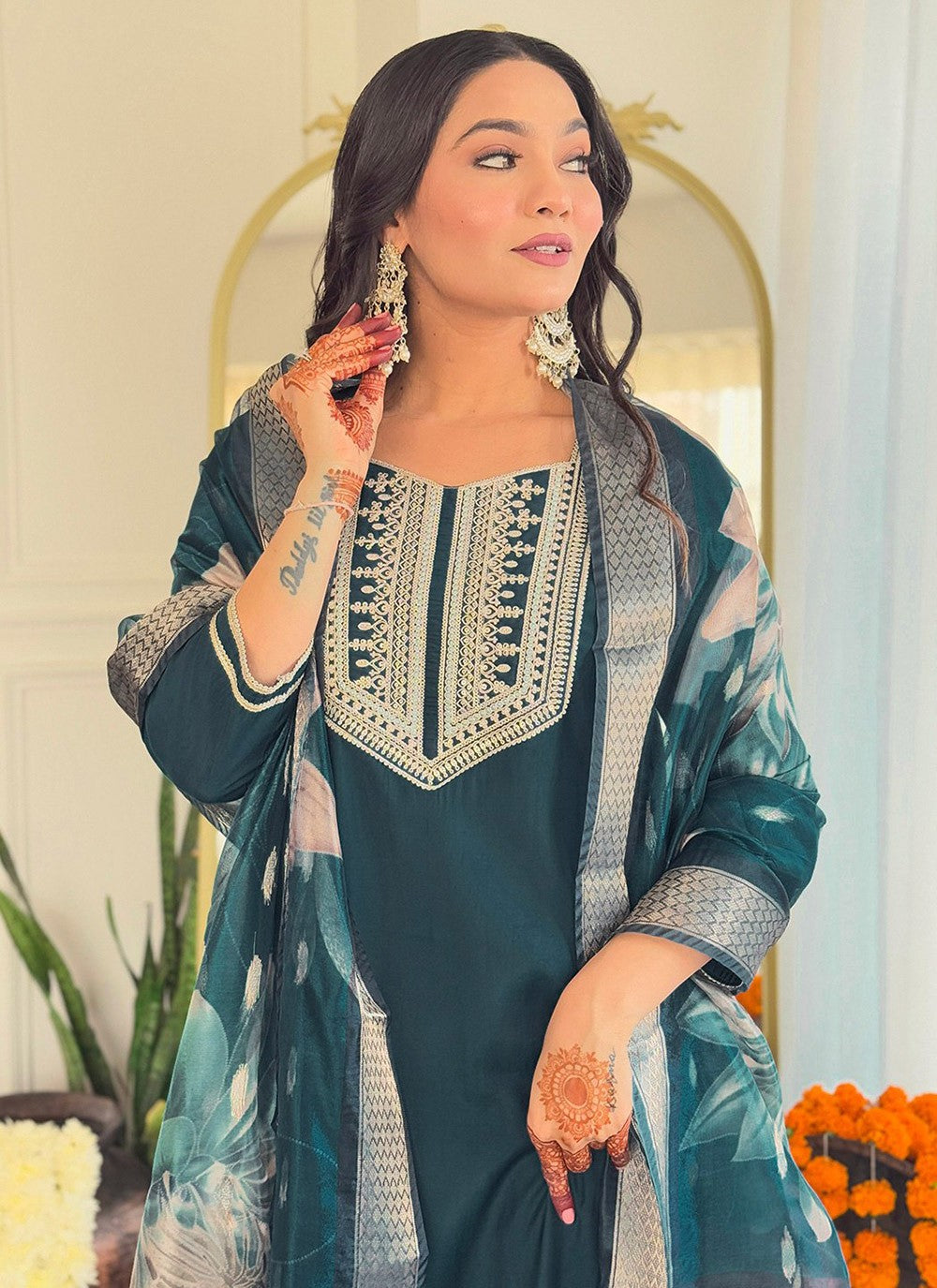 Embroidered Viscose Teal Salwar Suit T6043