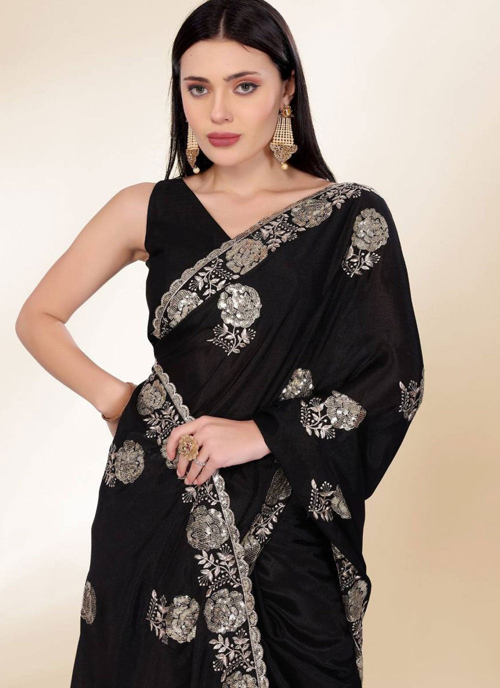 Embroidered Chinon Black Saree S14042