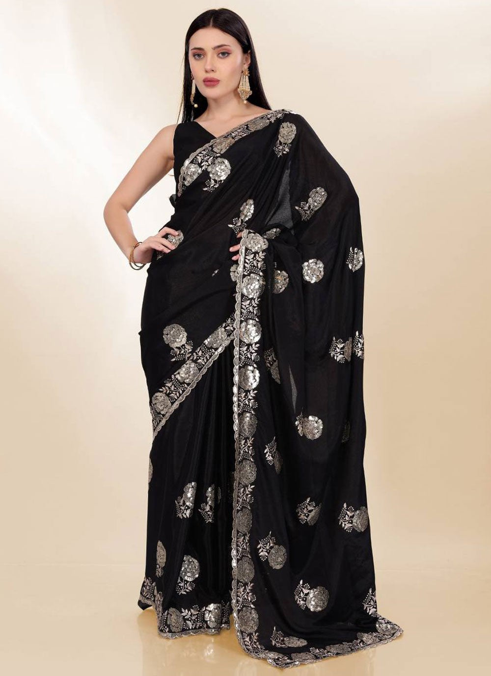 Embroidered Chinon Black Saree S13806