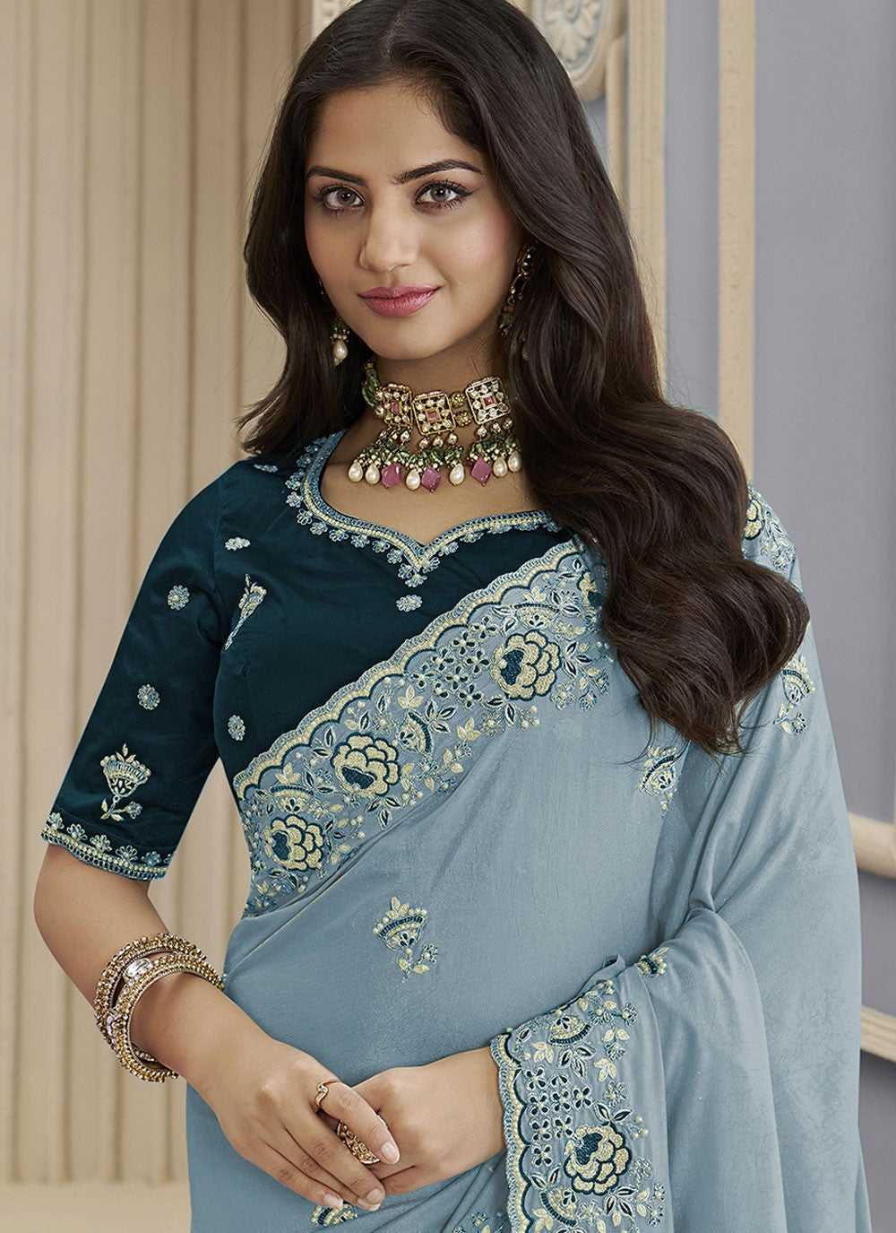 Blue Georgette Traditional Saree Beads, Cord, Embroidered, Thread S17027