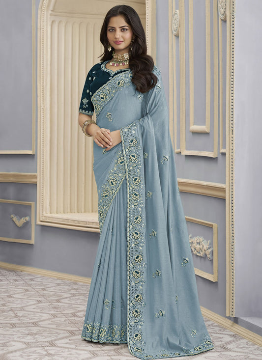 Blue Georgette Traditional Saree Beads, Cord, Embroidered, Thread S17027