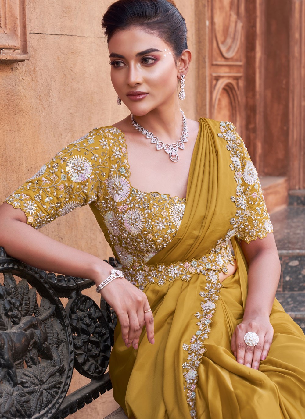 Fancy Work Crepe Silk Mustard Saree S14520