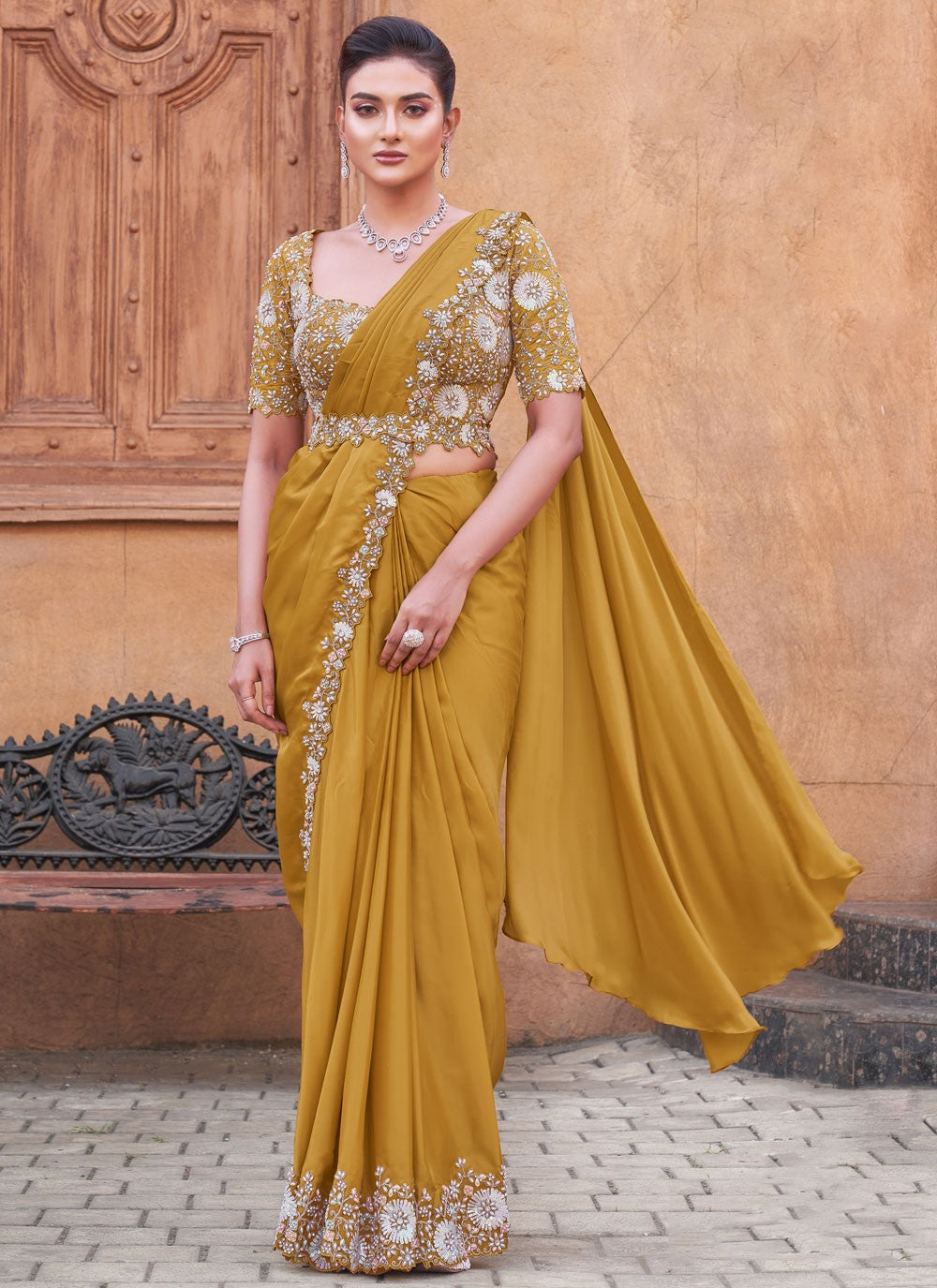 Fancy Work Crepe Silk Mustard Saree S14520
