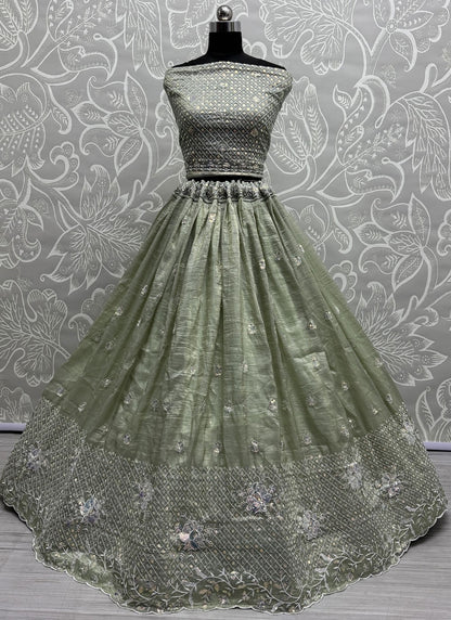 Embroidered Crush Green Lehenga - L3411