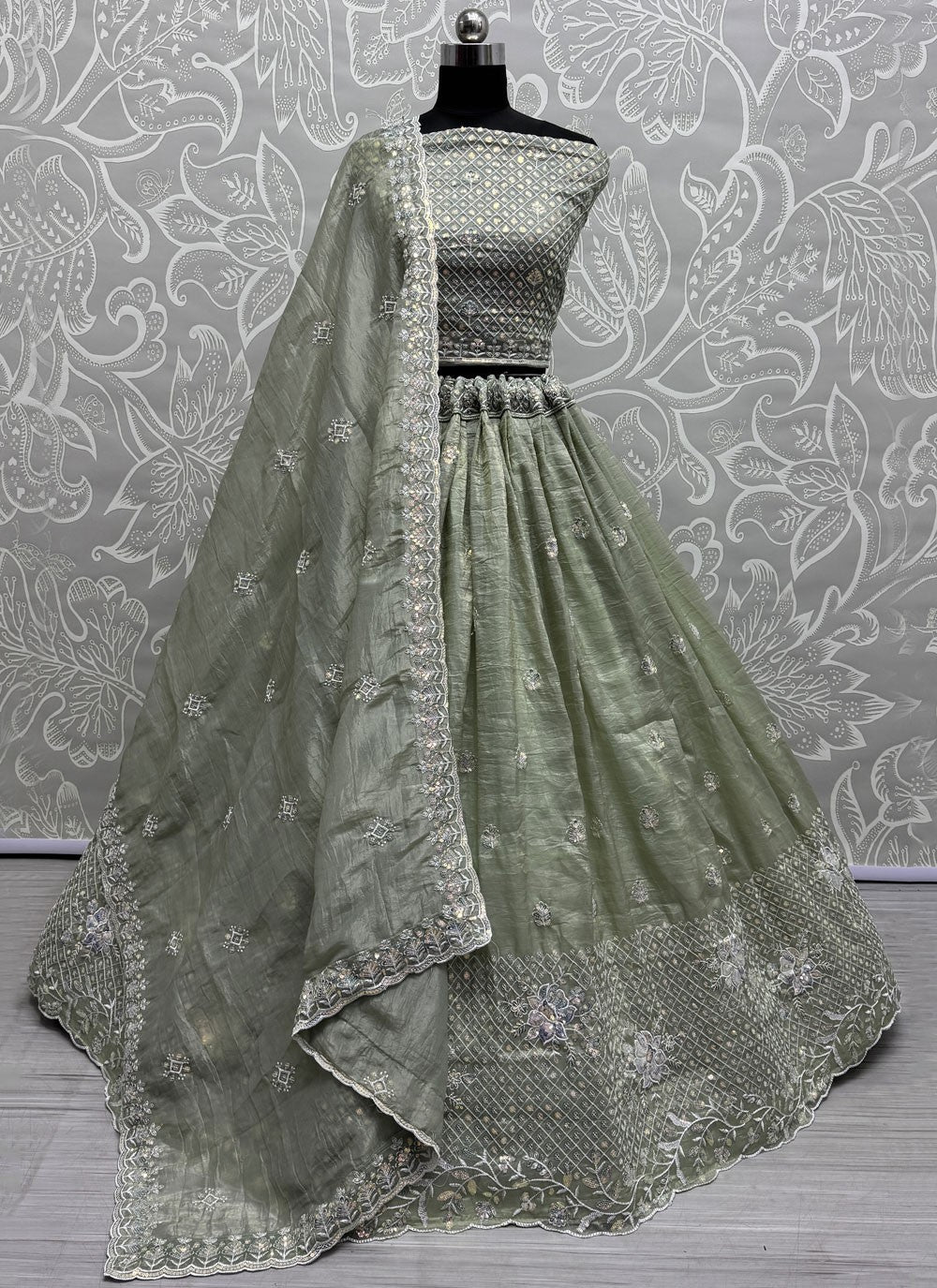 Embroidered Crush Green Lehenga - L3411
